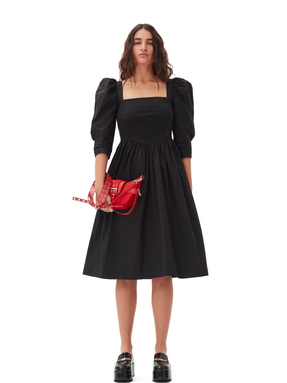 NWT Ganni Black Organic Cotton Poplin Open Neck Tie Back Smock Dress Size 36